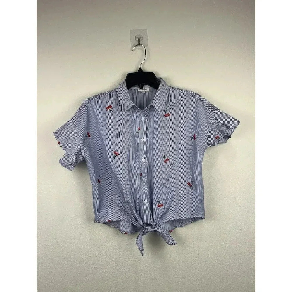 Love, Fire Women's Front Tie Ruffle Sleeve Pinstripe Blouse, Cherry Size Medium